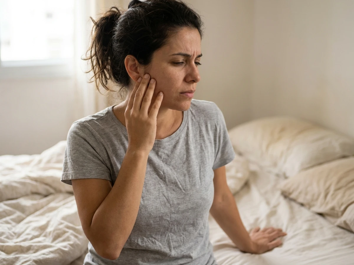 Mulher adulta sentada na cama ao acordar massageando a lateral da mandíbula com os dedos, em luz suave de manhã. Tudo para explicar sinais de bruxismo.