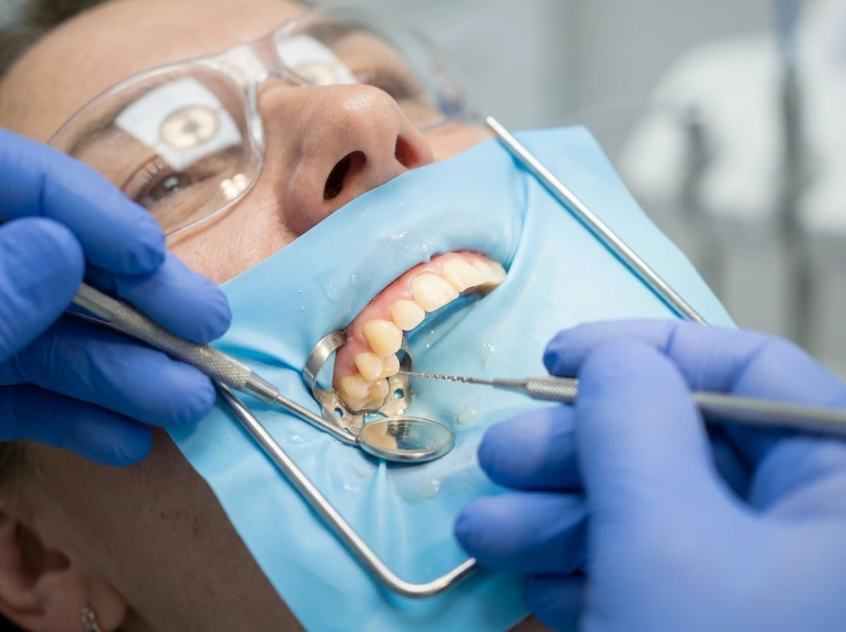 Close de dente isolado com lençol de borracha azul durante o tratamento, com as mãos enluvadas do dentista trabalhando sob a luz do refletor e o paciente tranquilo ao fundo.