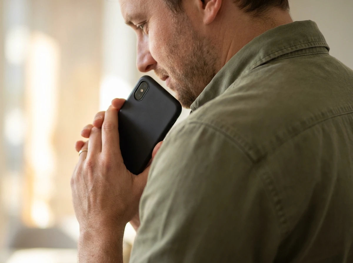 Homem segurando o celular com as duas mãos, visto de costas e de perfil, decidido a pedir uma avaliação para a dor de dente.