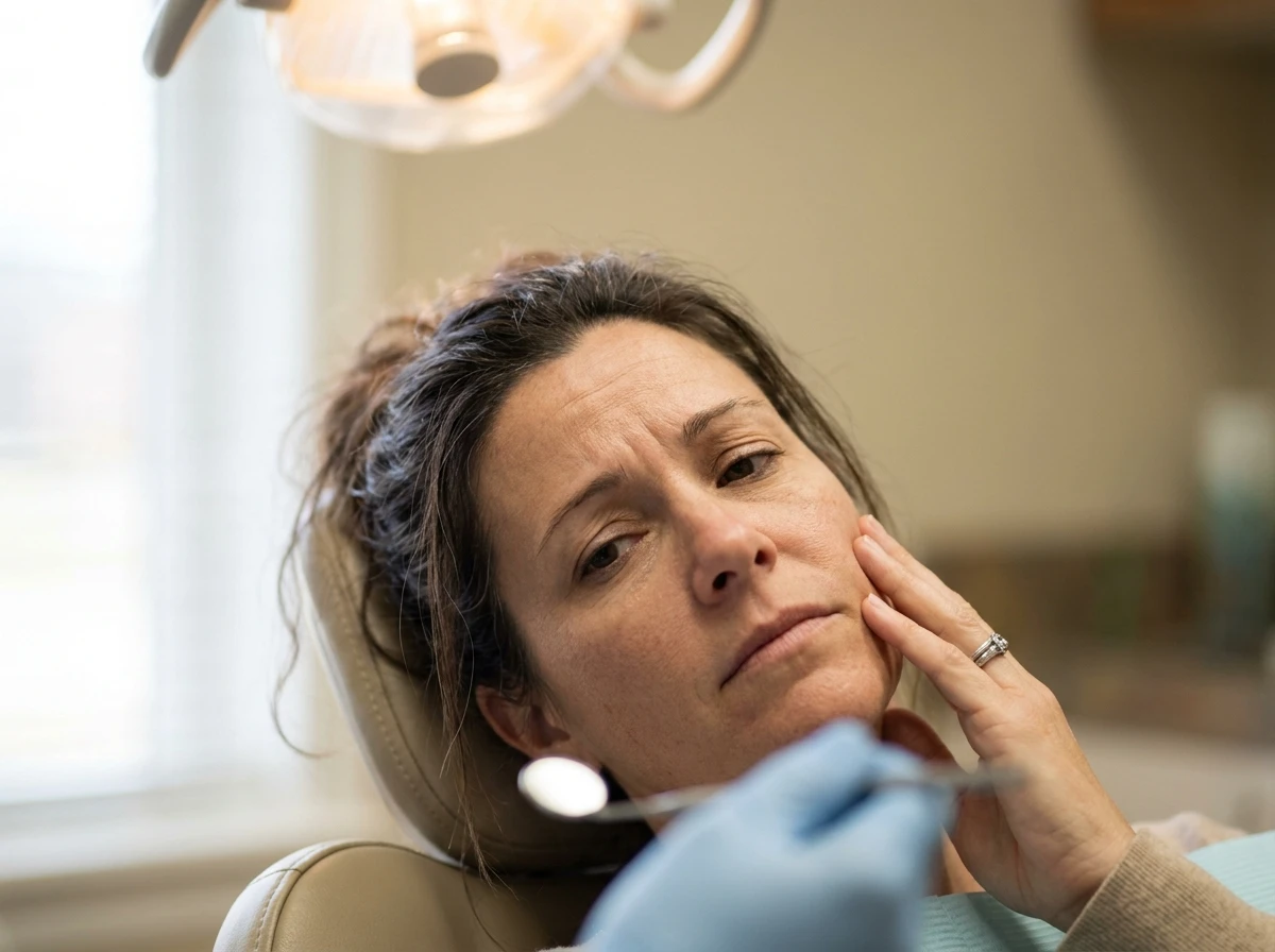 Paciente reclinada na cadeira odontológica com a mão na bochecha, preocupada com a dor de dente, enquanto a mão enluvada do dentista segura um espelho clínico. Tudo para explicar tratamento de canal dói.